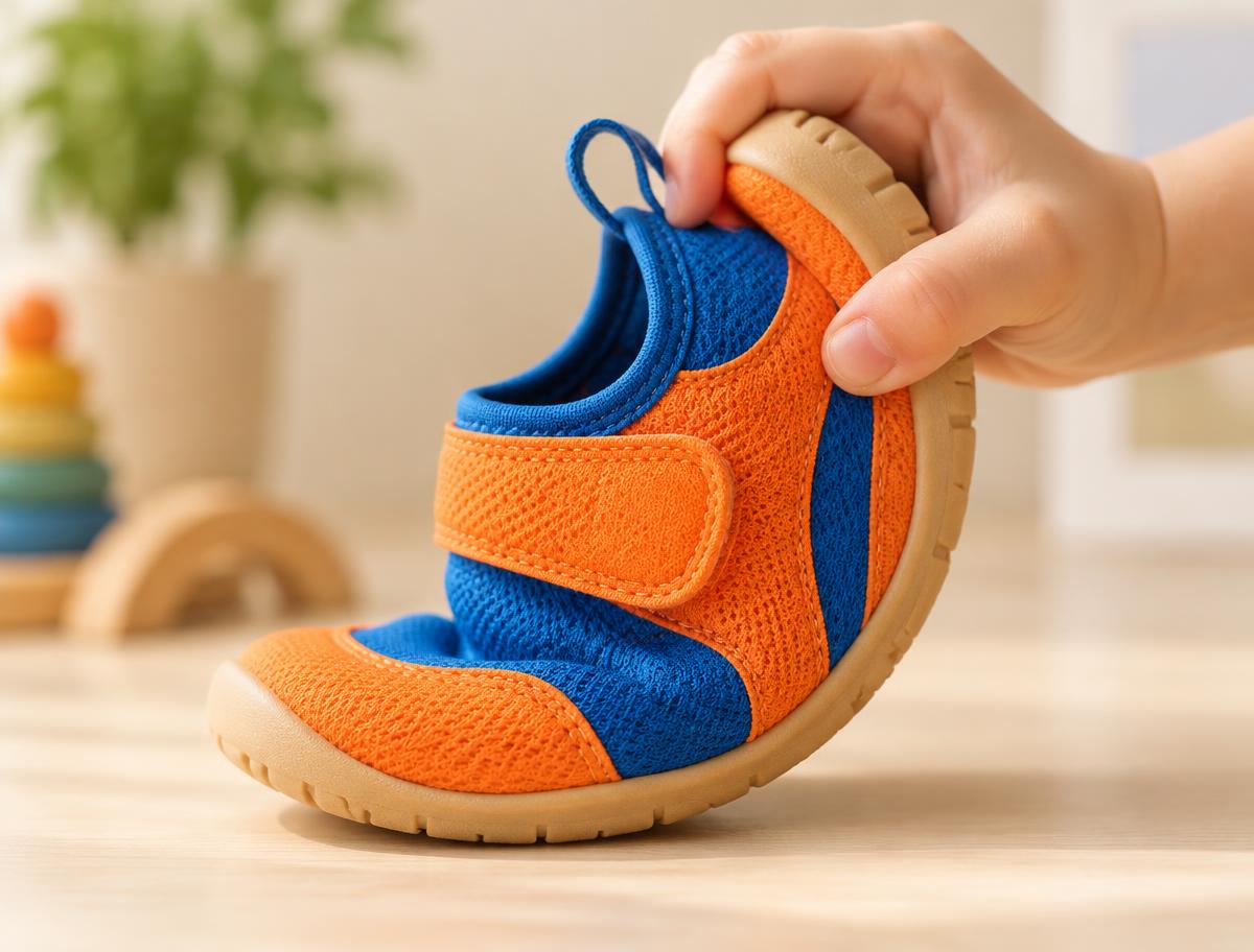 Zapato infantil barefoot de suela fina y flexible doblándose en la mano