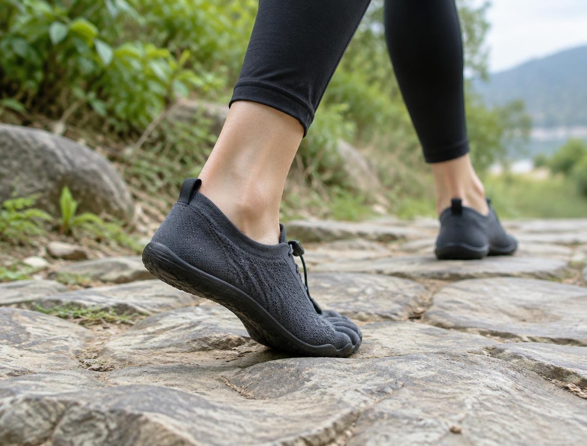 Persona caminando con calzado barefoot sobre piedra
