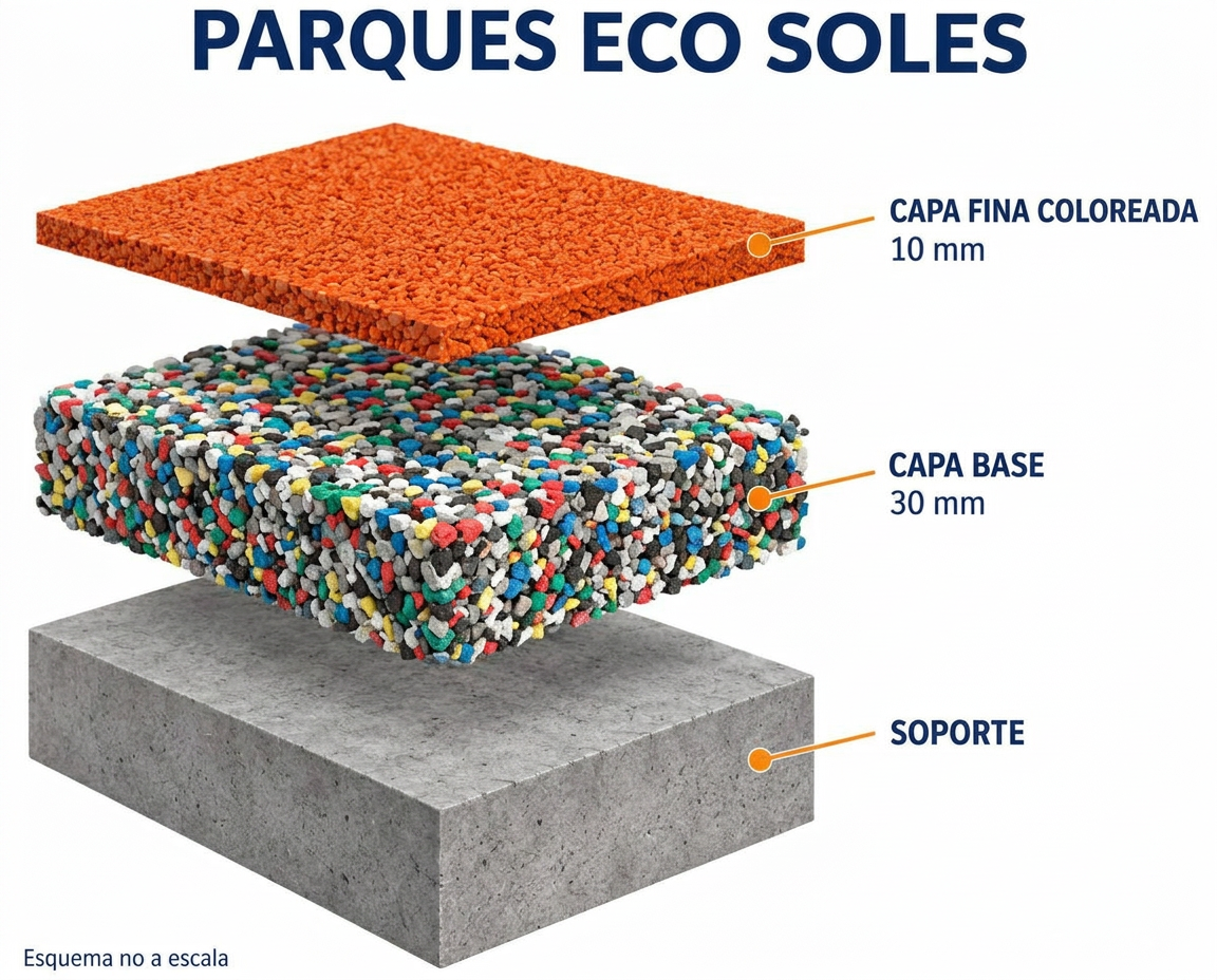 PARQUES ECO SOLES: capa fina coloreada de 10 mm, capa base de 30 mm y soporte